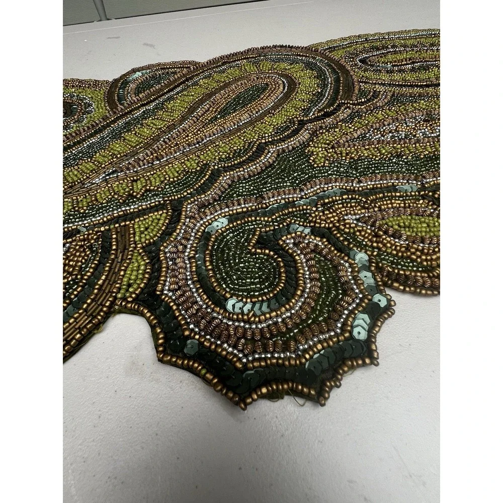 Pier 1 Imports Glass Beaded Paisley Table Runner 13x34 Green Gold India